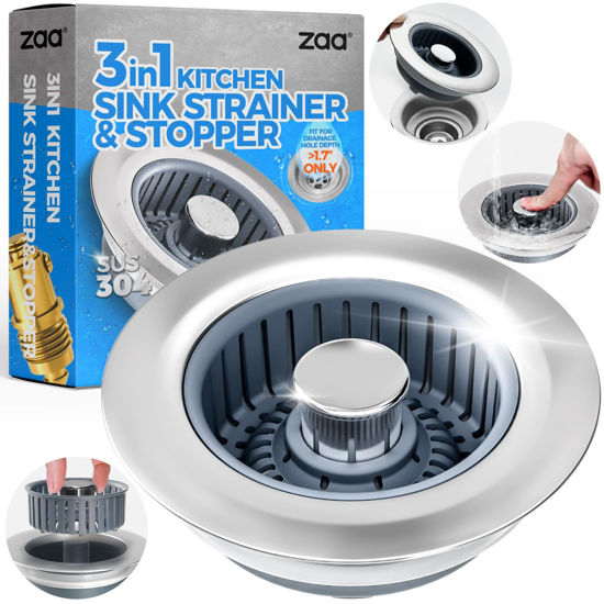 Picture of Sink Drain Strainer - Sink Stopper Kitchen Drain, 3 in 1 Kitchen Sink Drain Strainer with Anti-Clogging Basket, Kitchen Gadgets Clearance Sink Accessories, Fit US Standard 3-1/2'' Sink Hole, Silver