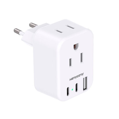 Picture of European Travel Plug Adapter USB C, HANYCONY International Plug Adapter, US to Europe Adapter Plug 2 Outlets 3 USB Ports(2 C Port), Type C Power Adapter to Italy Spain France Portugal Iceland Germany