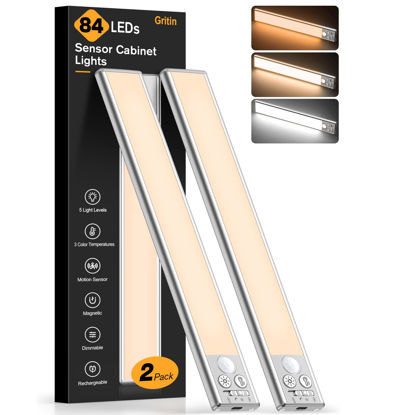 Picture of Gritin 10.2inch Under Cabinet Lighting Rechargeable 2 Pack- 3 Color Temps&5 Level Brightness, Super Bright, 4 Modes, Motion Sensor, Long Lasting - Easy Installation Magnetic Under Closet Lights