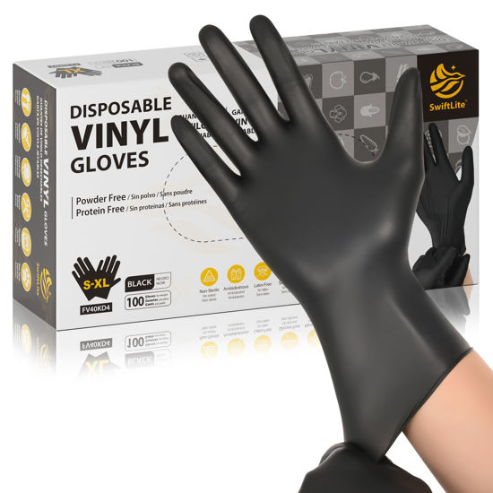 Picture of SWIFTLITE Black Vinyl Gloves, Food Grade Gloves Disposable Latex Free & Powder Free, Guantes for Cleaning Cooking Food Prep (100, Medium)