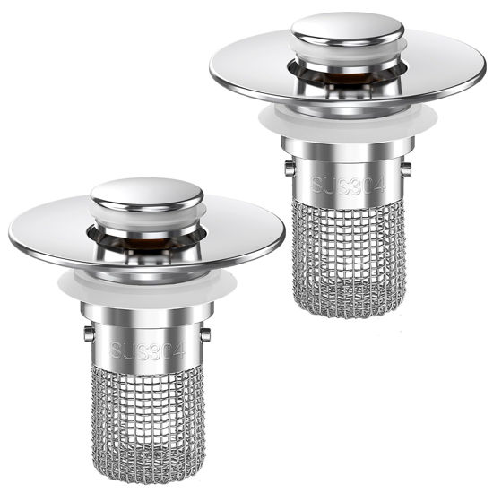 Picture of Sink Stopper Hair Catcher,(2PCS) Pop-up Sink Drain Strainer with Removable Stainless Steel Strainer Basket Hair Catcher, Bathroom Sink Strainer for Bathroom Sink Stopper Replacement