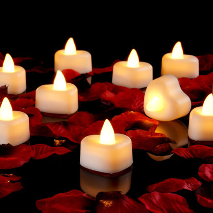 Picture of Amagic 1000 Pieces Artificial Rose Petals with 12 Heart LED Tea Lights Candles Kit, Rose Petals and Candles Set for Proposal, Anniversary, Valentine's Day, Special Romantic Night, Wedding Table Decor