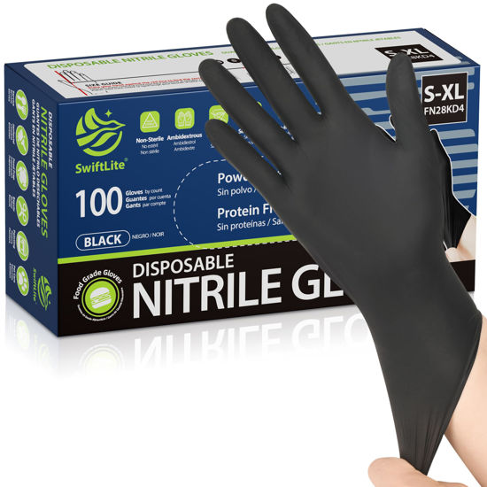 Picture of SWIFTLITE Black Nitrile Gloves, Food Safe Disposable Gloves Latex Free, Rubber Gloves Powder Free for Cooking, Kitchen Cleaning (100, Medium)