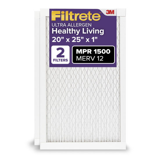 Picture of Filtrete 20x25x1 AC Furnace Air Filter, MERV 12, MPR 1500, CERTIFIED asthma & allergy friendly, 3 Month Pleated 1-Inch Electrostatic Air Cleaning Filter, 2-Pack (Actual Size 19.719x24.688x0.78 in)